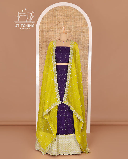 Violet half-saree, floral motifs embroidered semi raw silk top, matching embroidered blouse, and contrast scallop embroidered georgette dhavani