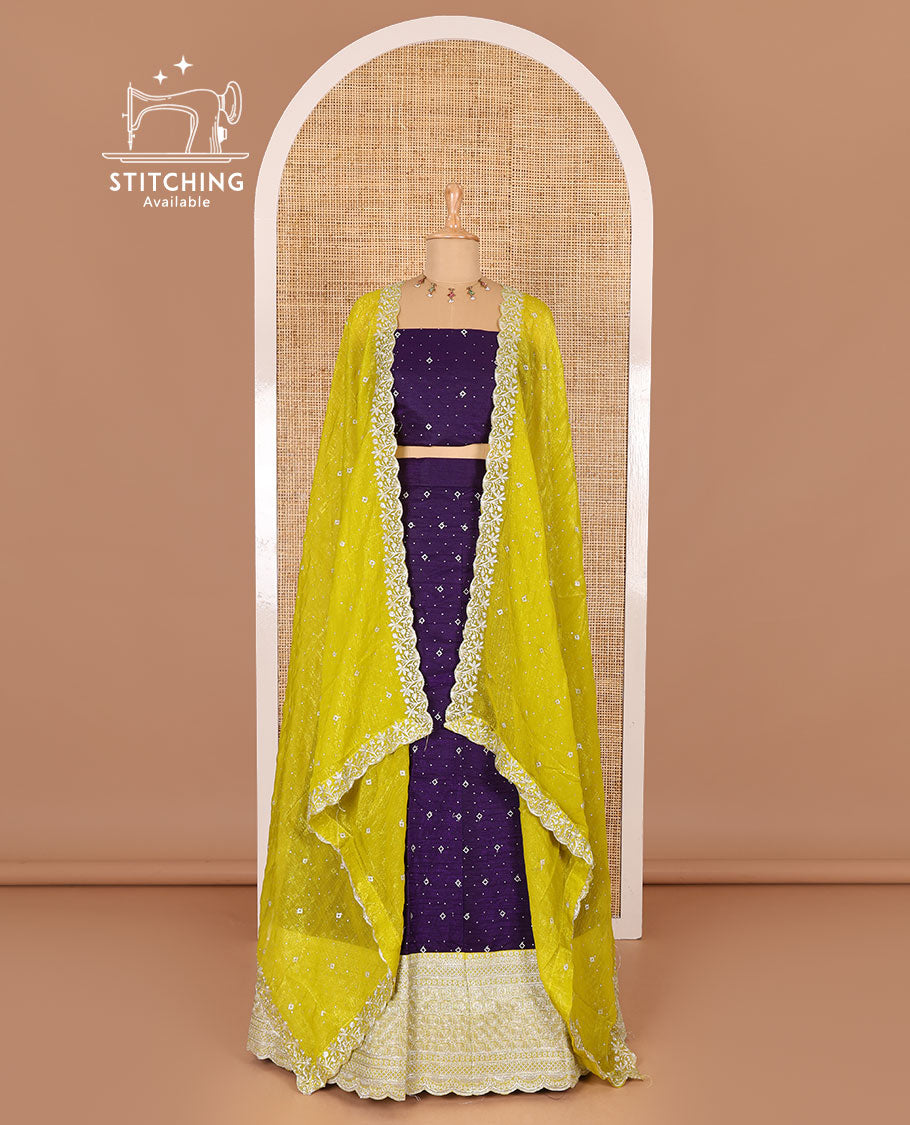 Violet half-saree, floral motifs embroidered semi raw silk top, matching embroidered blouse, and contrast scallop embroidered georgette dhavani