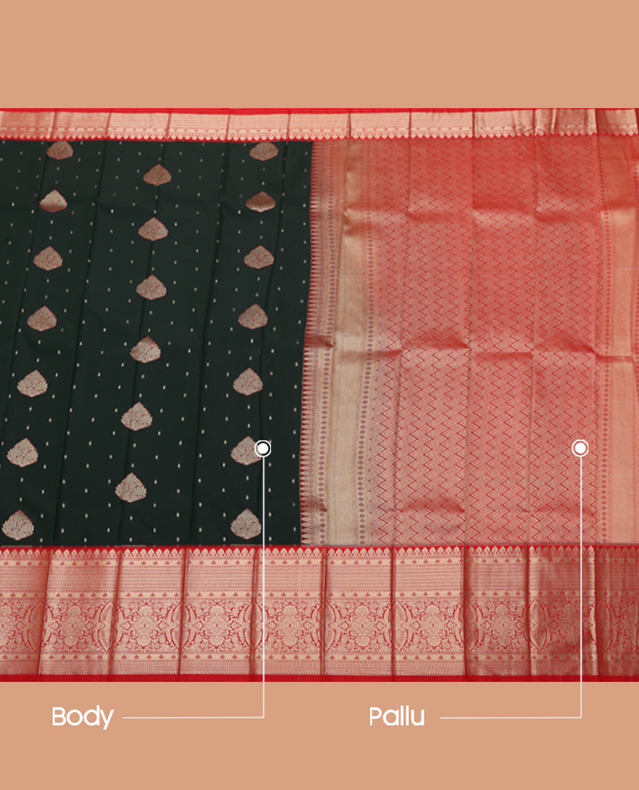 Green Budget Silk Saree, Finely Crafted with Zari Buttas, Complemented by a Contrast Traditional Zari Border, Grand Pallu, and a Contrast Blouse