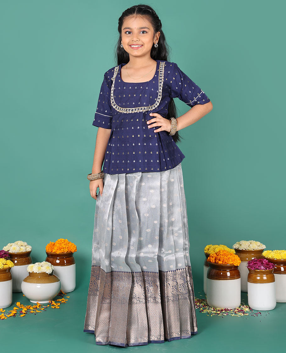 Blue readymade art silk pavadai, zari buttas & contrast traditional zari big border skirt & zari buttas elbow sleeve round-neck blouse