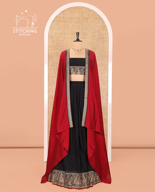 Black Mercerised Cotton Half-Saree Set, Plain with Dancing Figurines Woven Bordered Skirt, Paired With a Matching Blouse, and Comes with a Contrast Dhavani