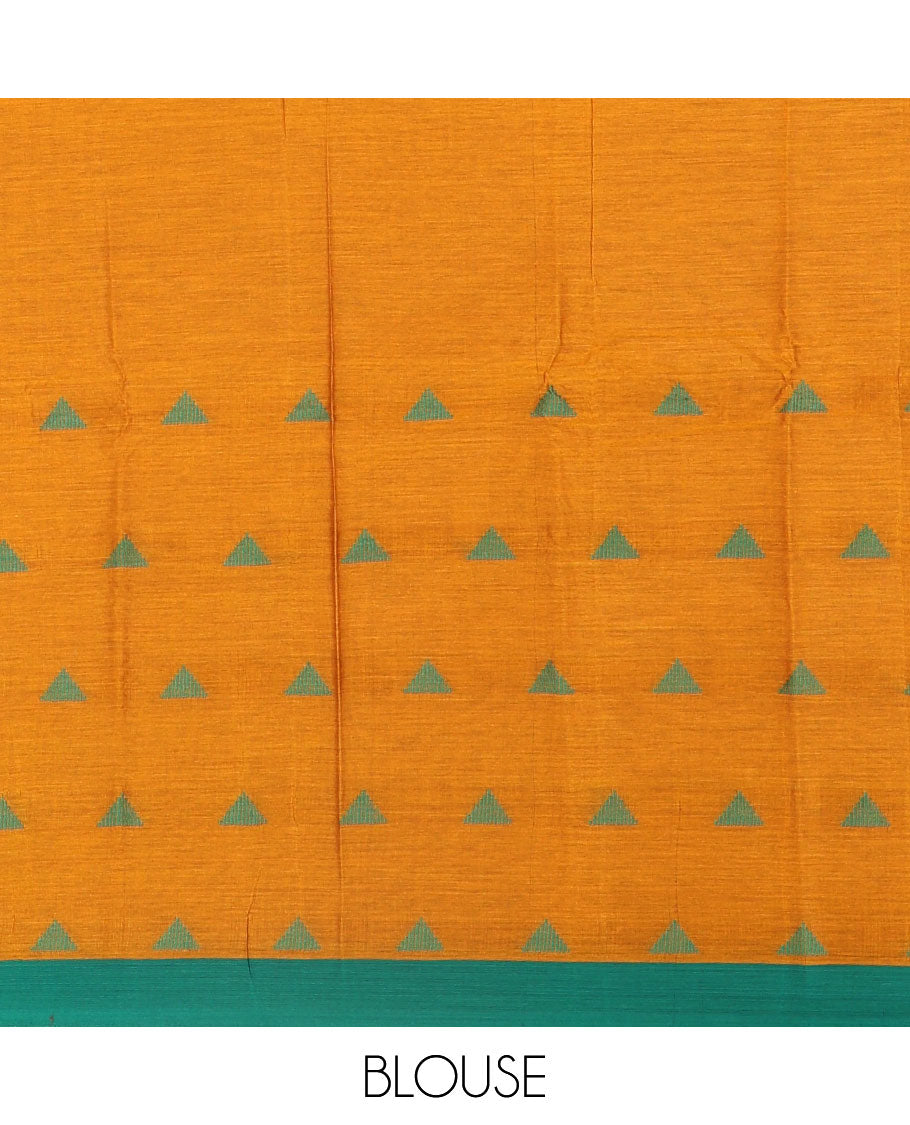 Mustard triangle motifs mercerised cotton saree, contrast plain border, striped pallu, and matching triangle motifs blouse