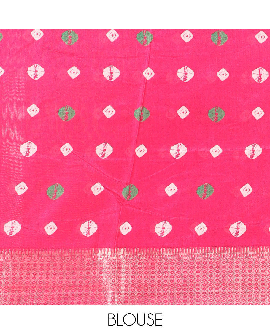 Pink shibori printed dola silk saree, traditional zari border, printed pallu, and blouse of print, and zari work