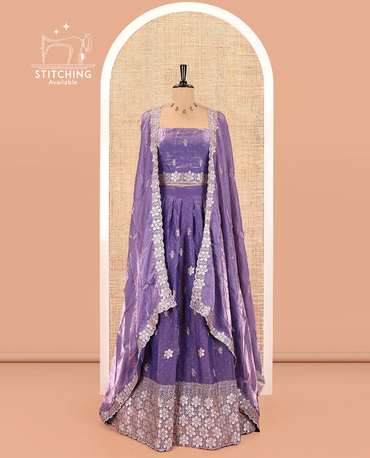 Lavender Fendi Organza Half-Saree Set, Features Floral Embroidered Skirt, Matching Blouse, Embroidered Dupatta