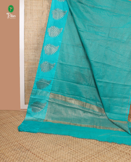 Rama color gold zari lines banarasi cotton saree with gold zari leaf designb order & cheer pallu along with striped blouse