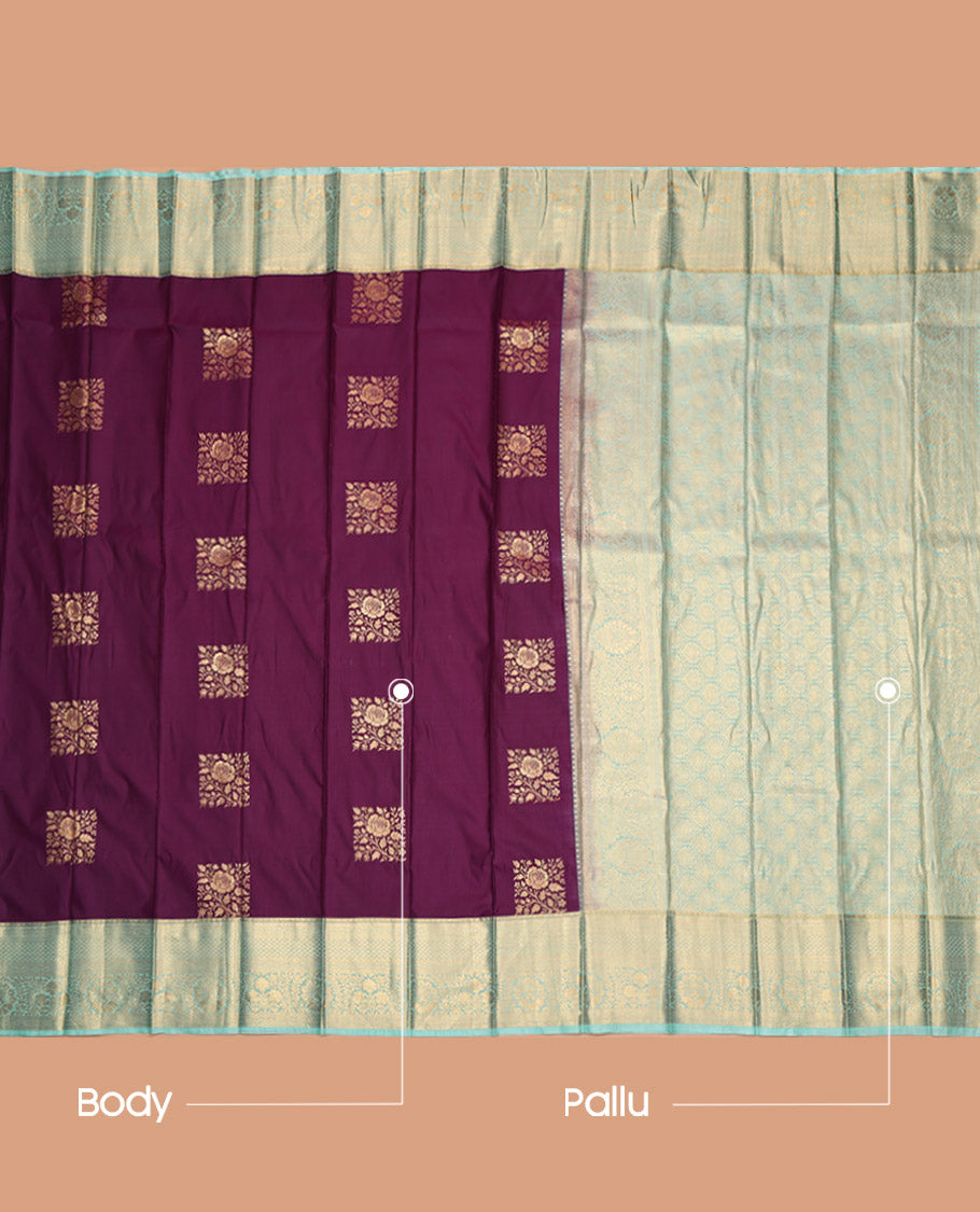 Purple Budget Silk Saree, Embellished with Zari Buttas, Contrast Traditional Zari Border, Intricately Designed Pallu, and a Contrast Blouse