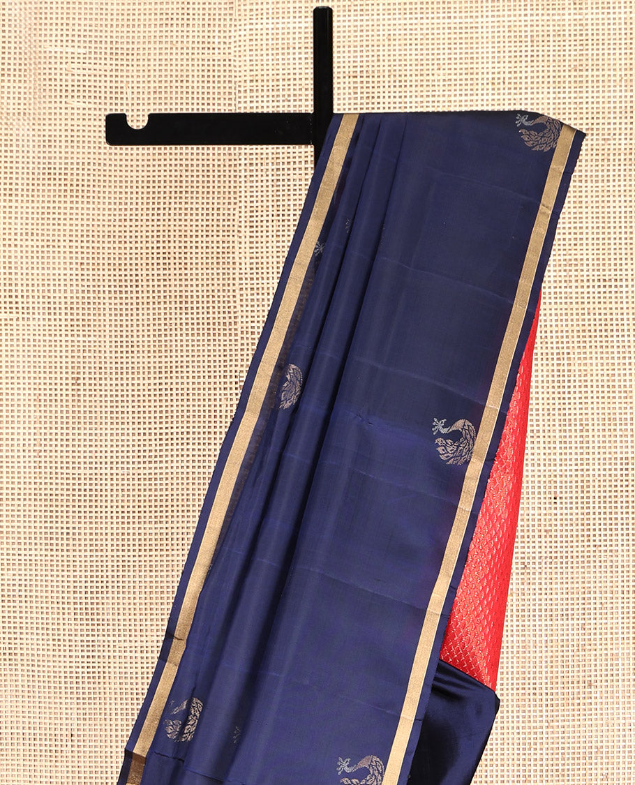 Blue Mayuri Lite Silk Mix Saree, Accentuated with Mayil Buttas, a Subtle Piping Zari Border, Contrast Ara Maadam Pallu and a Contrast Blouse