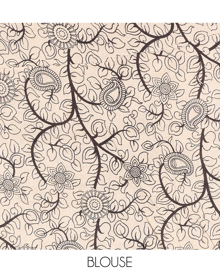 Blue-Grey Kalamkari Cotton Saree, Accentuated with Intricate Print, Complemented By Printed Border, Kalamkari Peacock Motifs Pallu, and a Matching Blouse