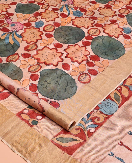 Sandal Floral Motif Pen Kalamkari Silk Saree, a Zari Border, Floral Motifs Pallu, a Matching Blouse