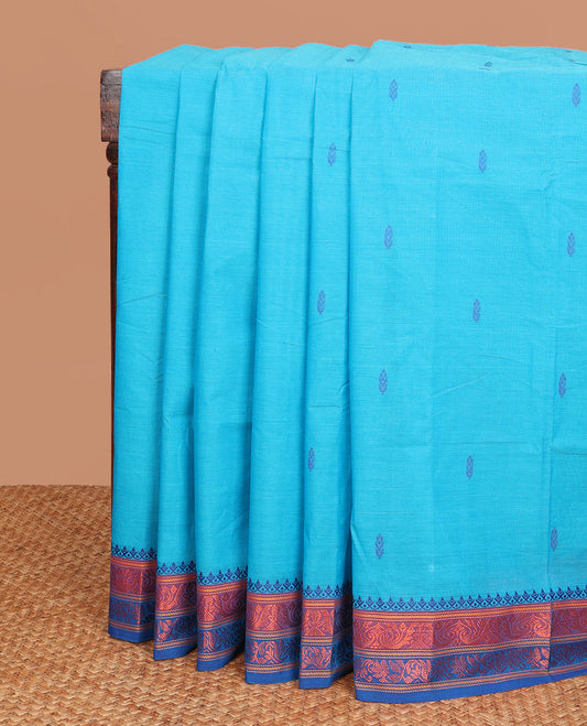 Blue thread buttas Chettinad cotton saree, contrast traditional zari motif border & striped pallu