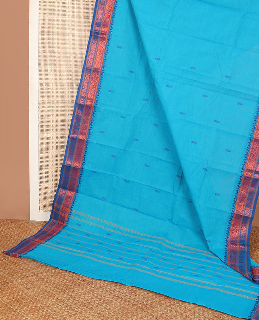 Blue thread buttas Chettinad cotton saree, contrast traditional zari motif border & striped pallu