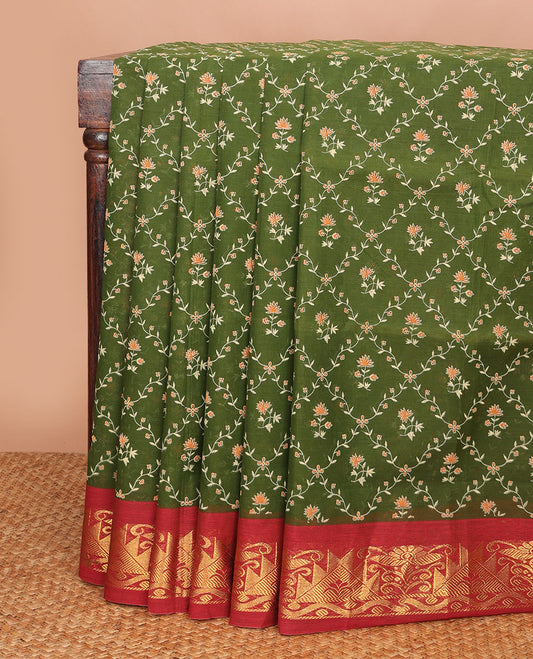 Green floral jaal printed Andhra cotton saree, contrast traditional zari motif border & zari pallu of paisleys