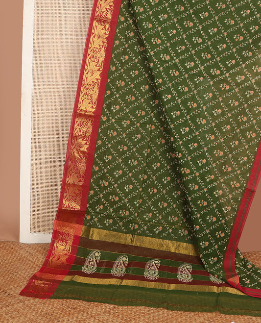 Green floral jaal printed Andhra cotton saree, contrast traditional zari motif border & zari pallu of paisleys