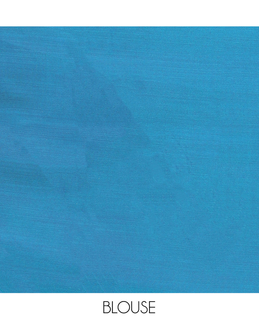 Blue Semi-Banaras Silk Saree, Opulently Embellished with Animal-themed Jacquard Designs on Its Body, Highlighted by a Zari Border of Traditional Designs, Pallu Steeped with Stripes, and Paired with a Matching Blouse