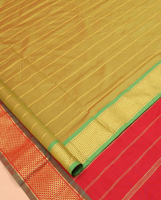 Green Neli Striped Nine-Yard Saree, Complemented by a Contrast Ara Maadam Border, Contrast Pallu of Stripes, and No Blouse
