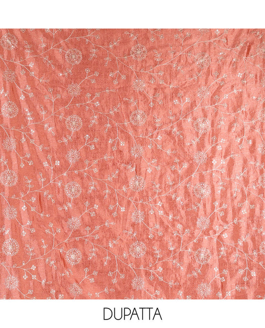 Magenta Vichitra silk material churidar set, floral motifs embroidered top, contrast Santoon bottom, and floral vine thread embroidered scallop dupatta