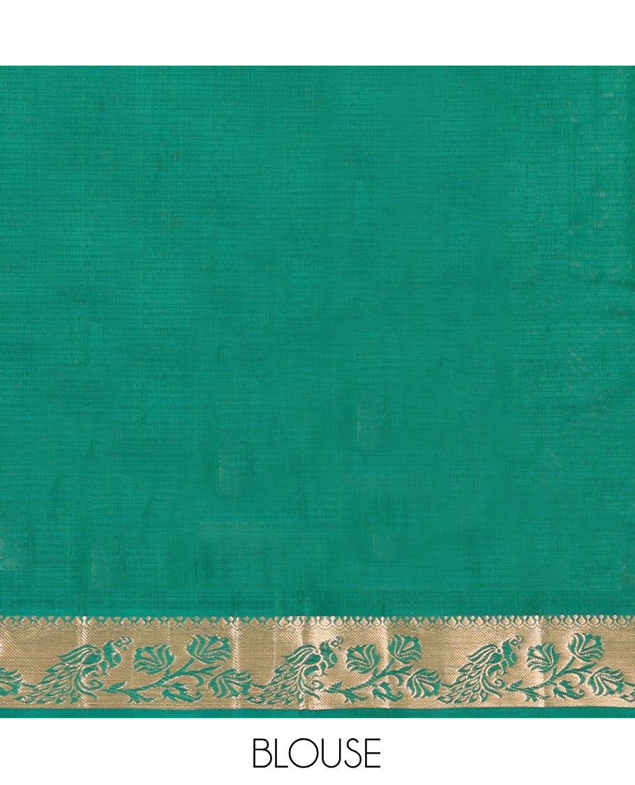 Green Silk Cotton Saree, Ornamented with Zari Buttas, a Contrast Floral Creeper Border, Jaal Pallu, and a Contrast Blouse