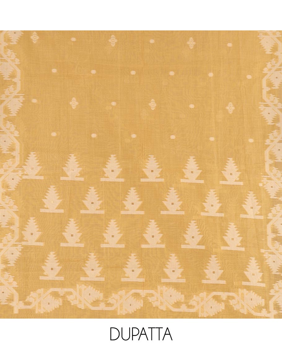 Cream with yellow semi-chanderi material churidar set, floral jaal jacquard top, contrast taffeta silk bottom, and jamdani style dupatta