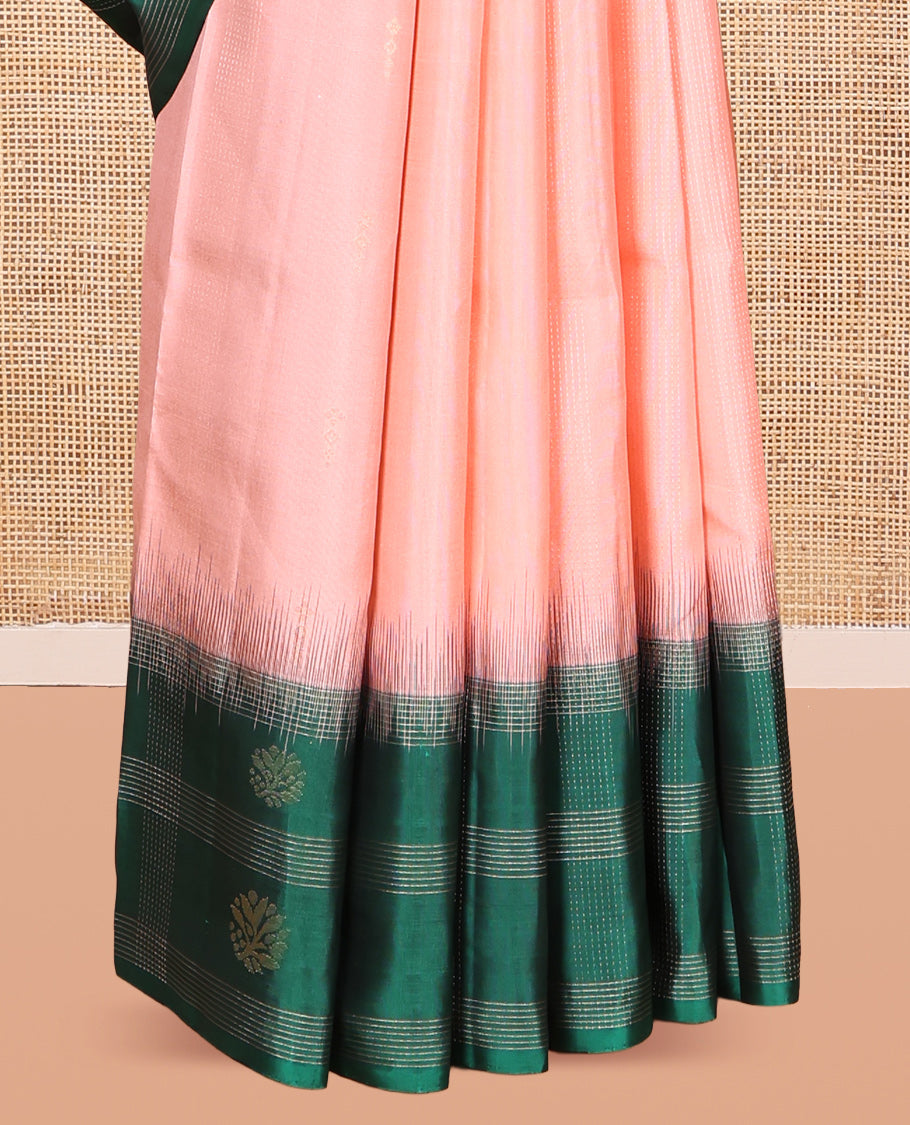 Peach Kanchipuram Silk Saree, Sparsely Sparkled with Buttas, Contrast Uniquely Designed Border, Chevron Striped Pallu, and a Contrast Blouse