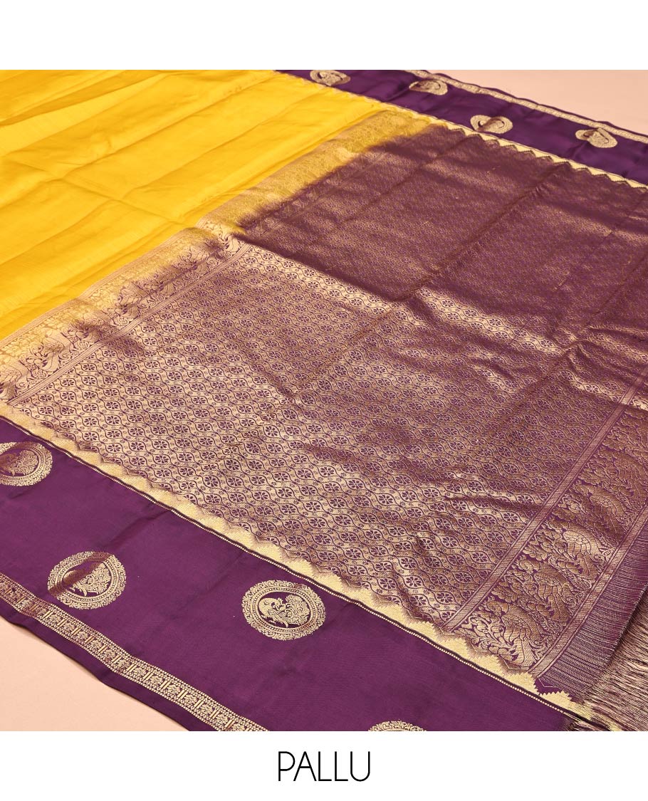 Yellow Vasundhara Lite Silk Mix Saree, a Contrast Border of Thazampoo Rekku, Muthu, Round Mayil, and Kamalam Designs, Grand Pallu, and a Contrast Blouse