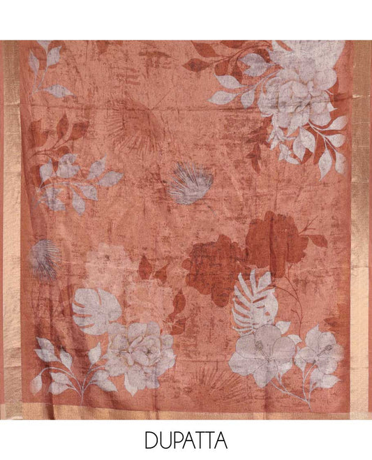 Grey and rust material chudidar set, geometric digital printed with neck embroidered Shimmer tissue top, santoon bottom, and floral printed Shimmer tissue dupatta