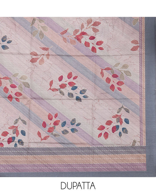 Grey semi-tussar material chudidar set,geometric & kantha print top,heathered plain bottom & dupatta of geometric & floral print