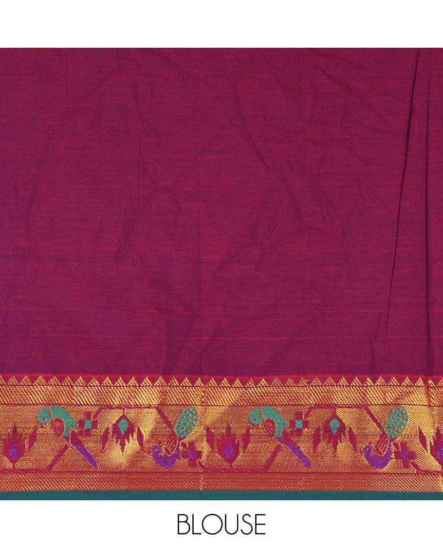 Magenta mercerised cotton half-saree, plain & contrast paithani peacock border skirt, matching blouse & contrast plain zari border dhavani