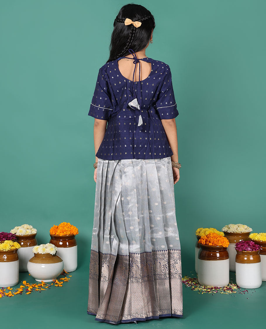 Blue readymade art silk pavadai, zari buttas & contrast traditional zari big border skirt & zari buttas elbow sleeve round-neck blouse