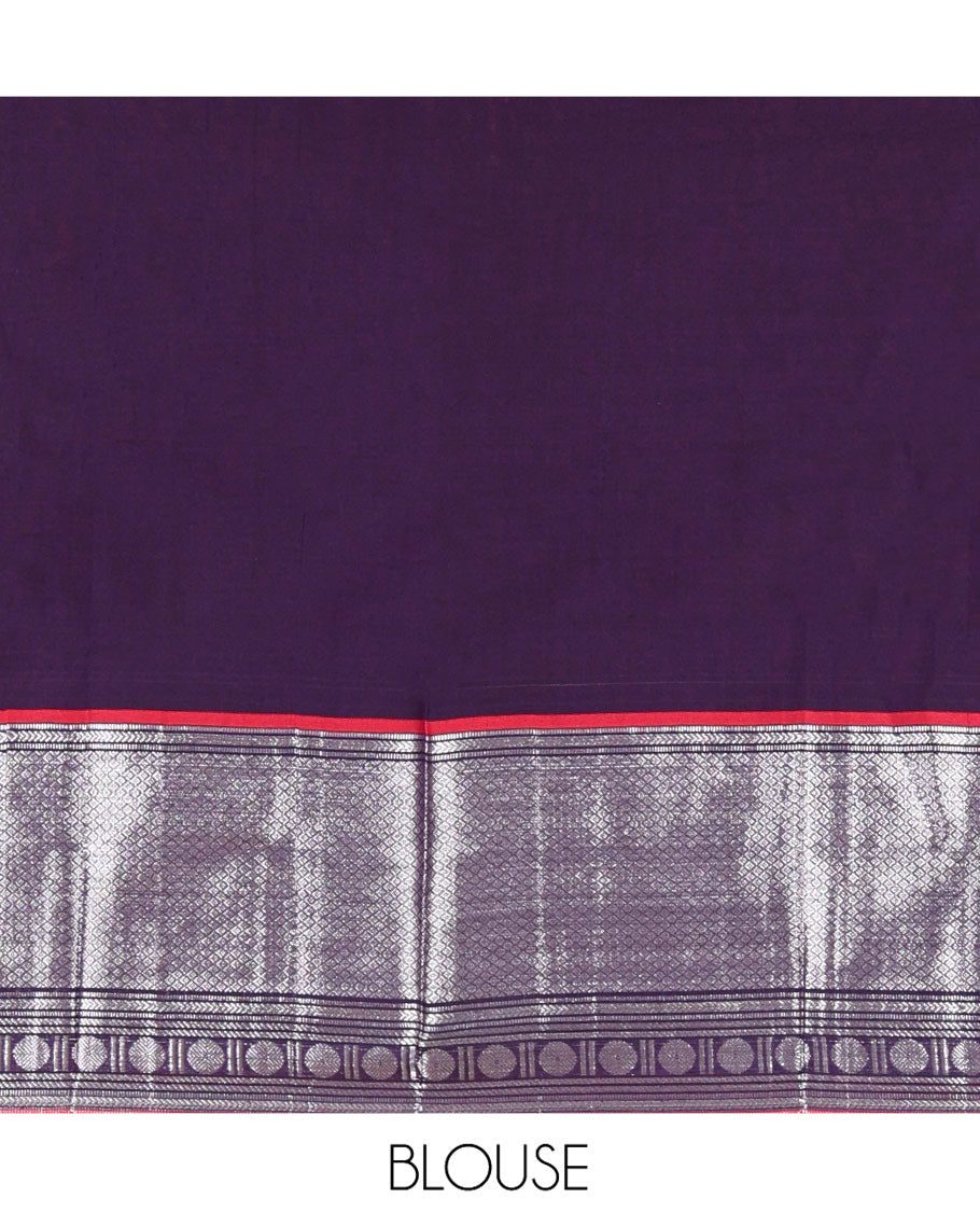 Deep Violet-Rani Pink Mercerised Cotton Half-Saree Features Plain with Contrast Traditional Zari Bordered Skirt, Paired with a Matching Blouse, and Comes with a Contrast Bordered Dhavani