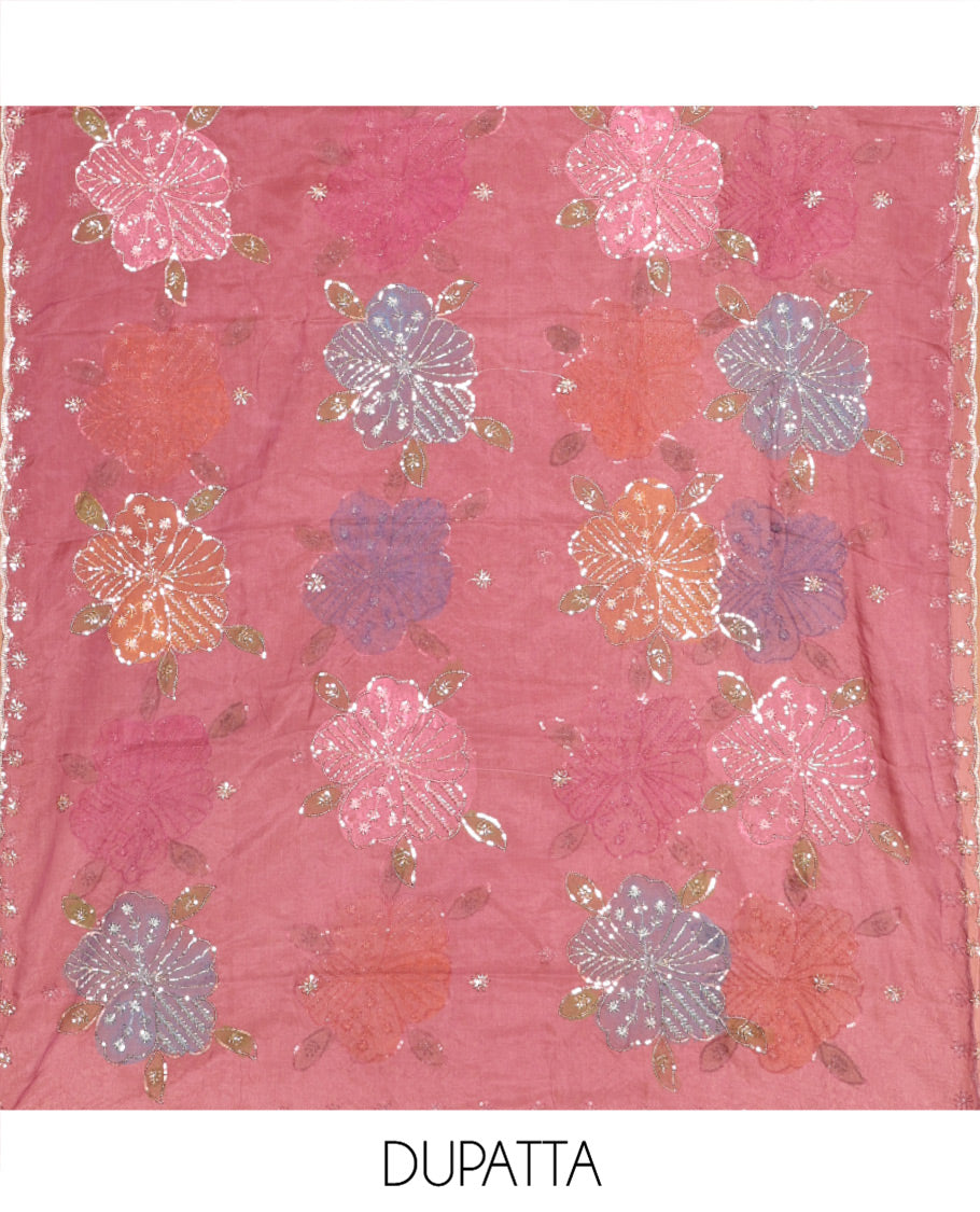 Magenta Vichitra Silk Material Chudidar Set, Woven with Pom-Pom Necklined Top, a Plain Santoon Bottom, and Paired Scallop Multi-Color Floral Embroidered Organza Dupatta