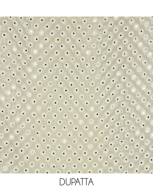 Lime yellow material churidar set, stone work with Schiffli style embroidered georgette top, American Crape bottom, and polka dotted printed mirror work dupatta