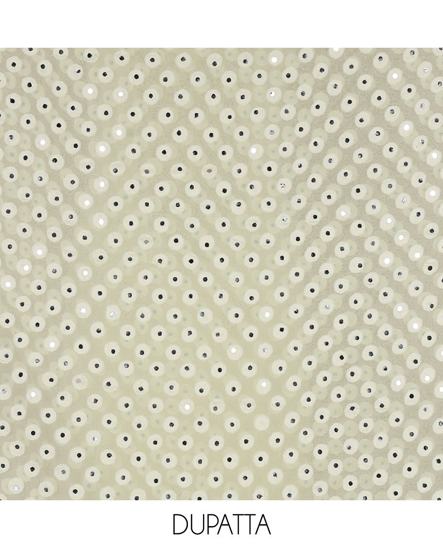 Lime yellow material churidar set, stone work with Schiffli style embroidered georgette top, American Crape bottom, and polka dotted printed mirror work dupatta