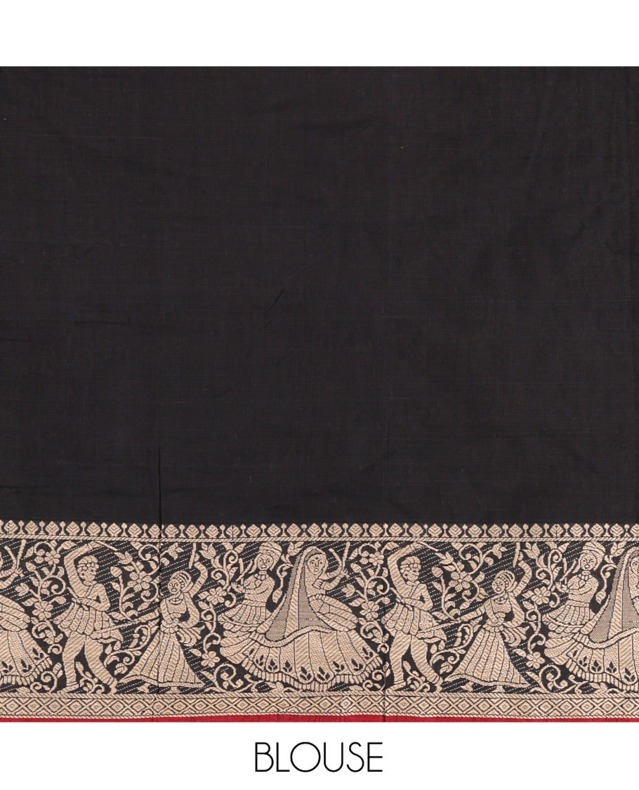 Black Mercerised Cotton Half-Saree Set, Plain with Dancing Figurines Woven Bordered Skirt, Paired With a Matching Blouse, and Comes with a Contrast Dhavani