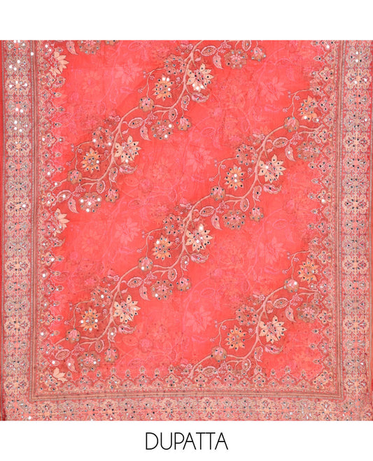 Chilli Red Material Chudidar Set Decked up with Floral Vine with Mirror Work Organza Top, Subtly Made Plain Santoon Bottom, and Organza Dupatta Featuring Floral Vine Print and Mirror Work