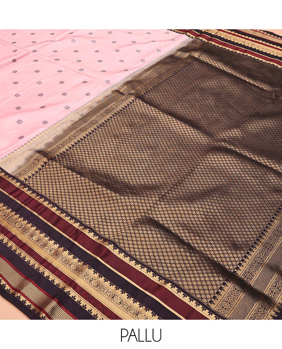 Baby Pink and Coffee Brown Vasundhara Lite Silk Mix Saree, Subtly Adorned with Buttas All Over Its Body, Complemented by Contrast Border of Thazampoo Rekku, Banaras, Jada Nagam, and Ara Maadam Designs, Grand Pallu, and Paired with a Contrast Blouse