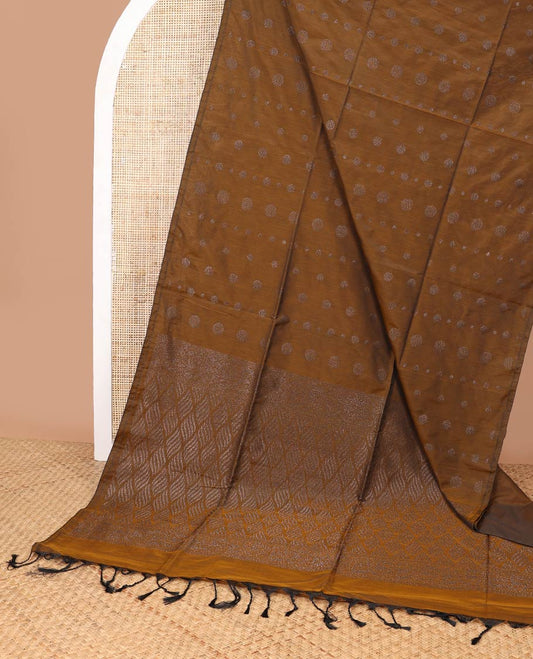 Borderless brown round buttas semi silk cotton saree with geometric design pallu