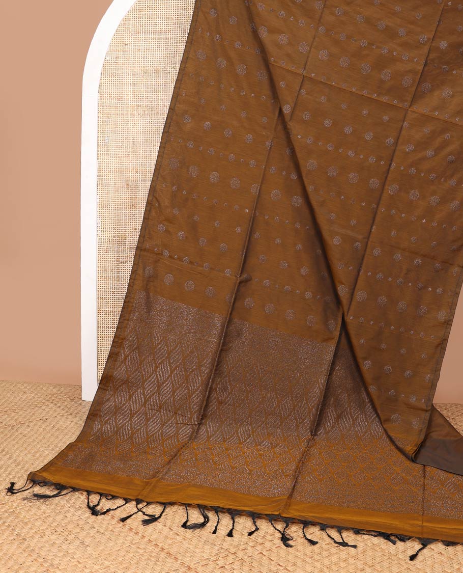 Borderless brown round buttas semi silk cotton saree with geometric design pallu
