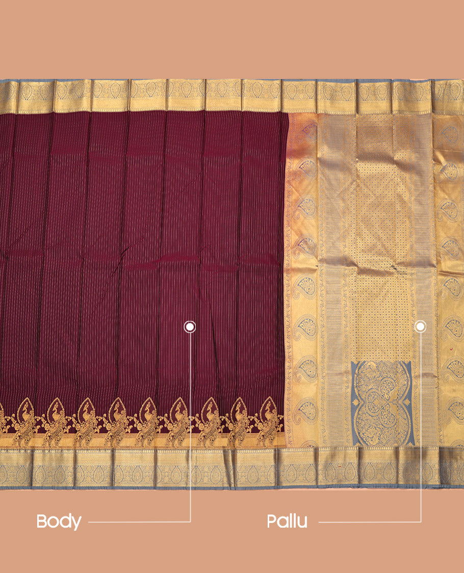 Wine Budget Silk Saree, Simply Sparkled with Zari Stripes and Peacock Buttas, a Contrast Traditional Zari Checked Border, Grand Pallu, and a Contrast Blouse