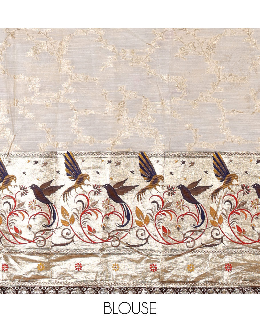 Cream banaras halfsaree, jaal jacquard skirt, contrast wine paithani border, matching blouse, and Syska georgette embroidered dhavani