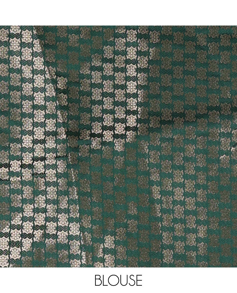 Cream-bottle green semi-banaras half-saree, zari buttas & contrast traditional zari border skirt, jacquard blouse & intricately zari woven dhavani