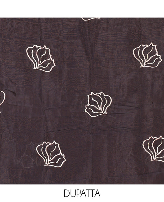 Black Mul Chanderi Material Churidar Set, Spotlighted with Flower Embroidery and Sequins Work V-Neck Top, a Plain Santoon Bottom, and Paired with a Mul Chanderi Floral Embroidered Dupatta