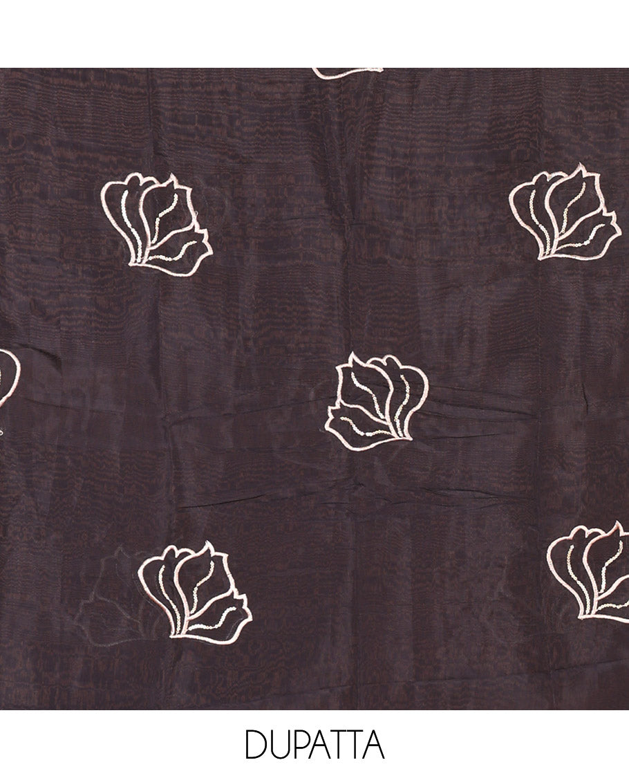 Black Mul Chanderi Material Churidar Set, Spotlighted with Flower Embroidery and Sequins Work V-Neck Top, a Plain Santoon Bottom, and Paired with a Mul Chanderi Floral Embroidered Dupatta