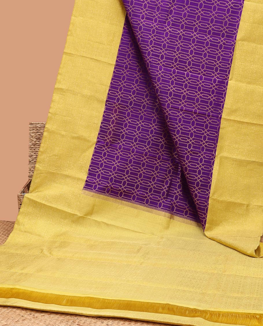Purple geometric design samudrika silk saree with contrst floral zari design border & traditional zari design pallu