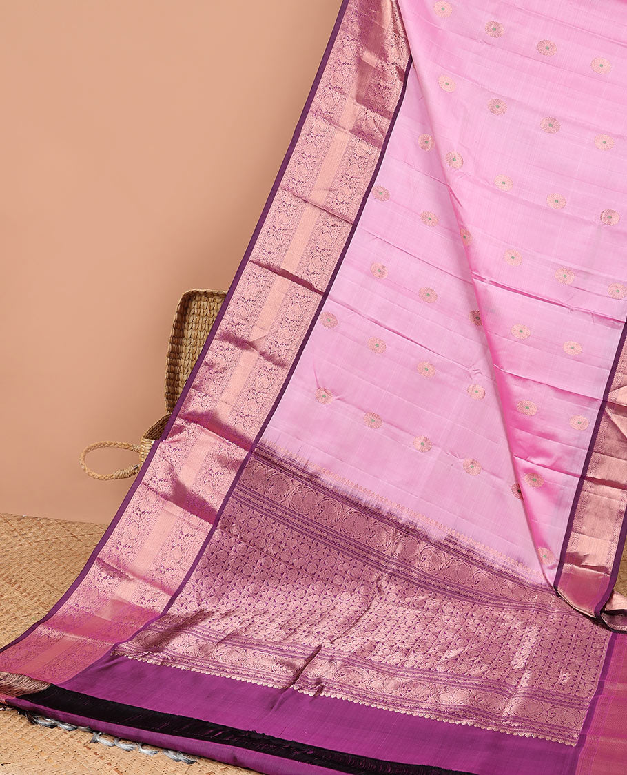 Pink round buttas kancheepuram silk saree with contrast intricate zari border & checked zari design pallu