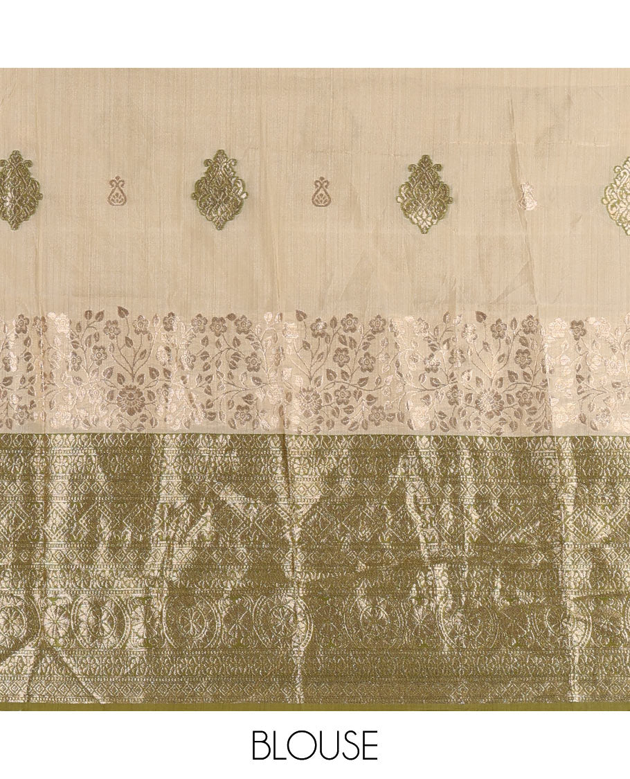 Cream taffeta silk half saree, meena buttas skirt, contrast mehendi green  traditional zari border, matching blouse, and zari woven dhavani