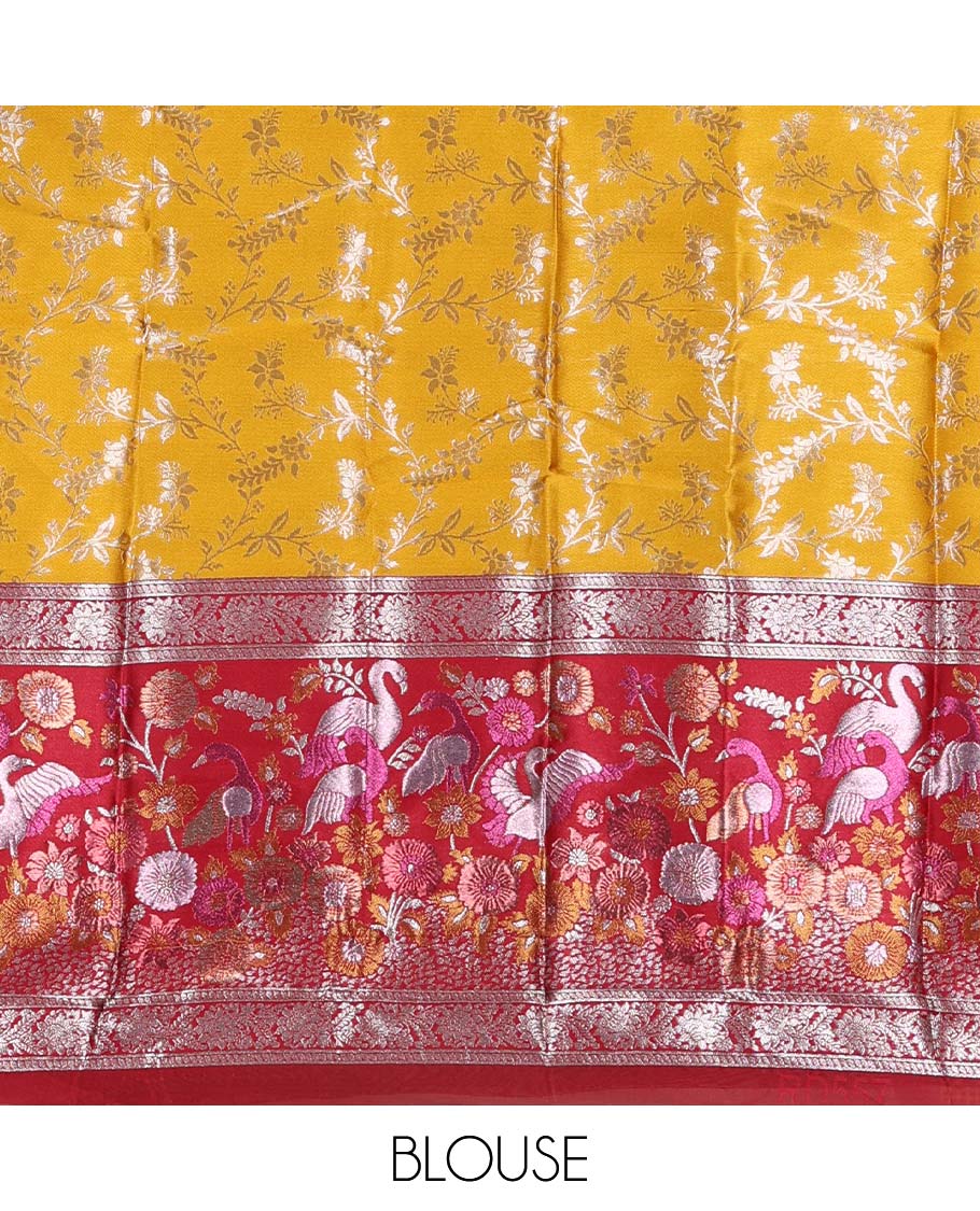 Haldi yellow taffeta silk half saree, floral jaal jacquard skirt, contrast magenta zari meenakari style bird border, matching blouse, and floral jaal dhavani
