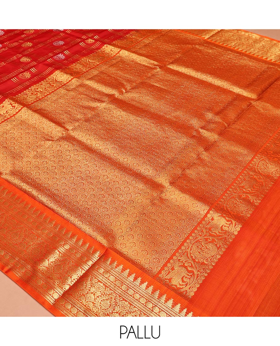 Red Venkatagiri Silk Saree, Enriched with Zari Butta Enclosed Checks All Over Its Body, Complemented by a Contrast Temple Border of Traditional Designs, Grand Pallu of Jaal Designs, and Paired with a Contrast Blouse