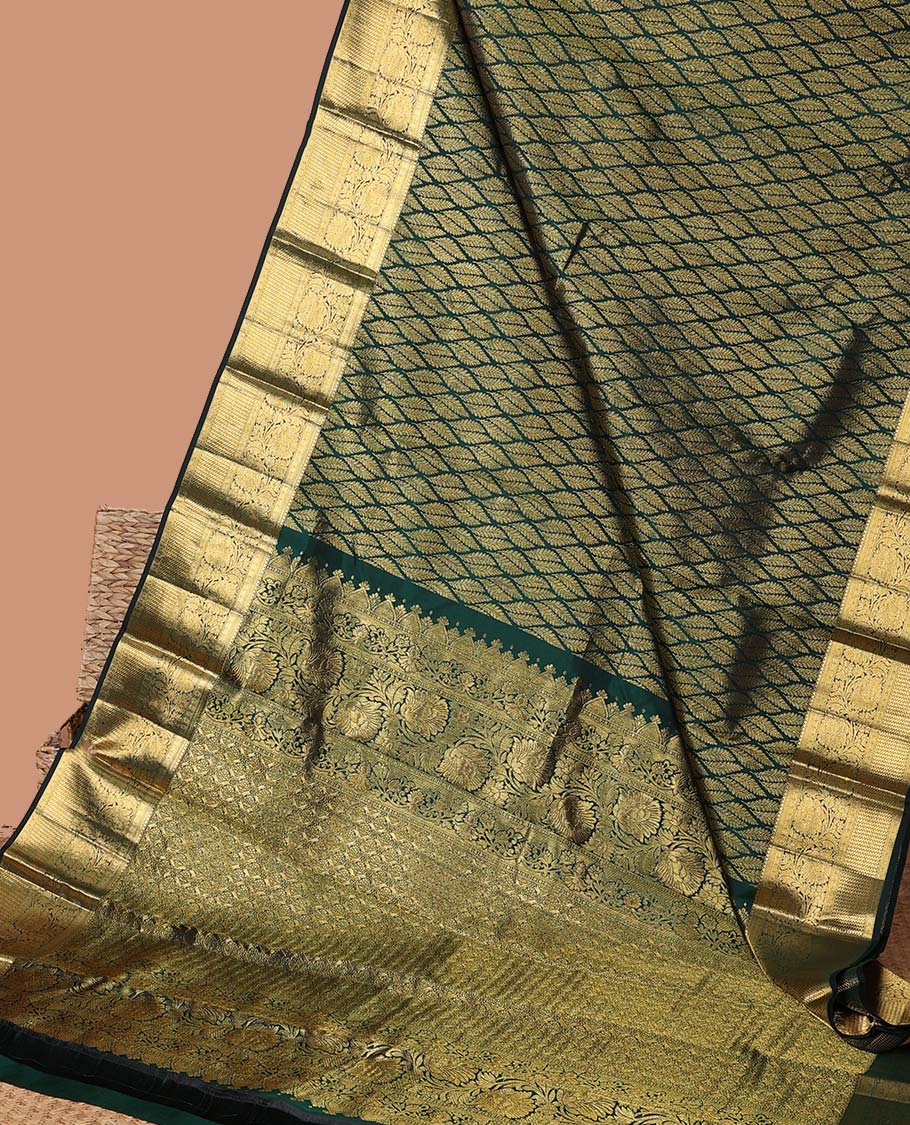 Green leaf ogee design silk saree with self zari design border & intricate floral zari design pallu