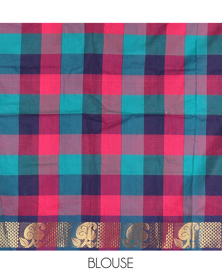 Multi-Color Checked Chettinad Cotton Half-Saree Features a Leaf Zari Border, Matching Blouse, Contrast Dhavani