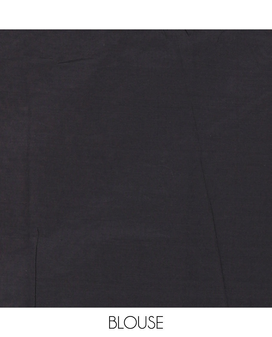 Borderless black mirror embroidered South cotton saree with a matching blouse and a kalamkari paisley vine printed blouse